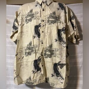 Men's Yellow  Fishing Print Short-Sleeve Button-Up Shirt